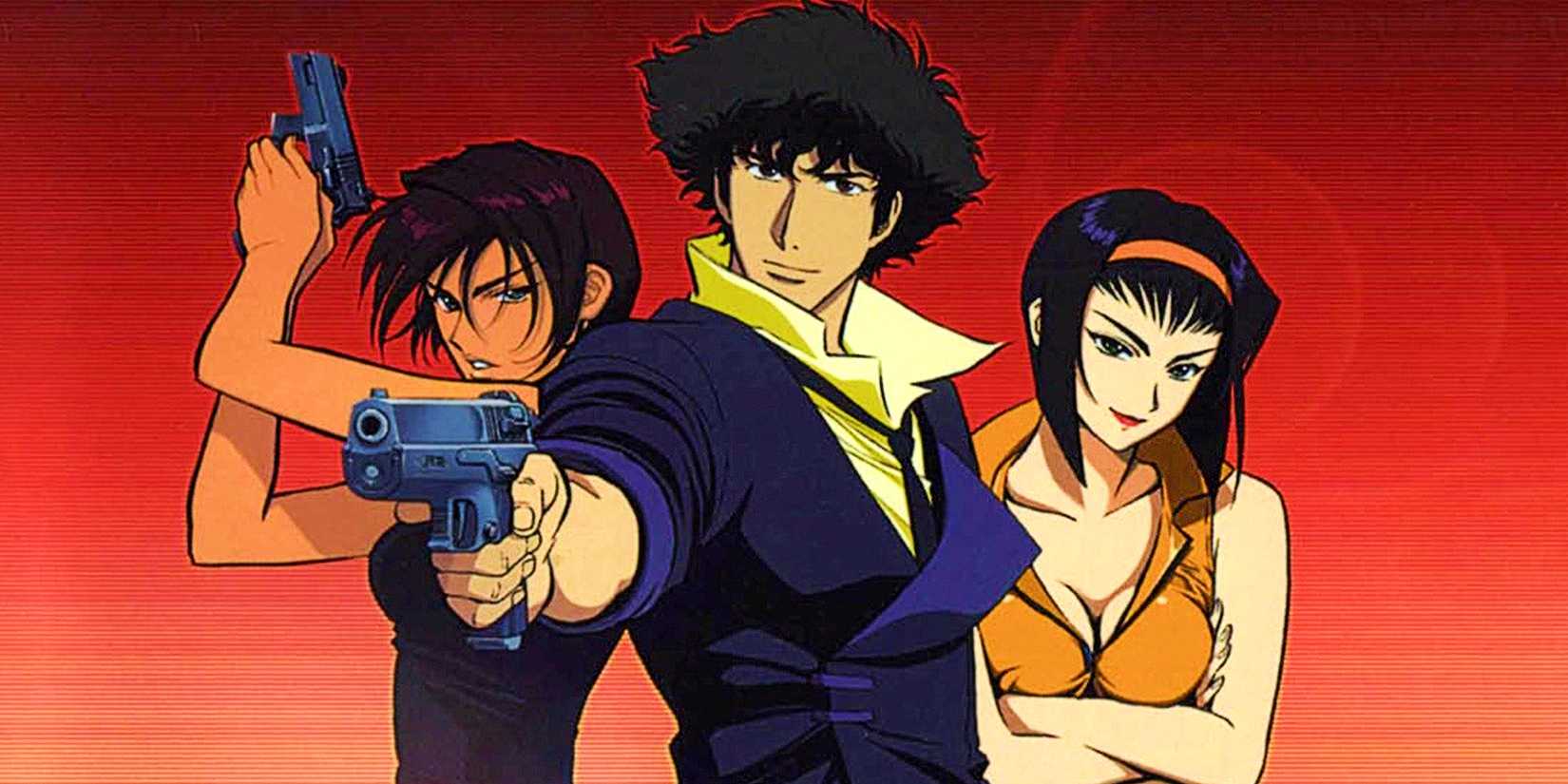 The poster of Cowboy Bebop: The Movie, with Spike Spiegel, Faye Valentine, and Elektra Ovilo posing in front of a red background.