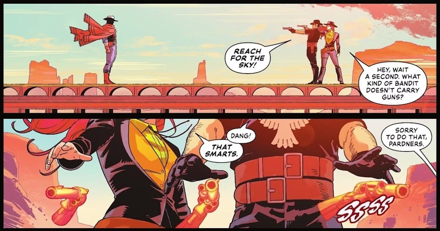 Painéis de quadrinhos: super-heróis com temática do oeste selvagem enfrentam uma versão cowboy do Superman, que usa visão de calor em suas armas.