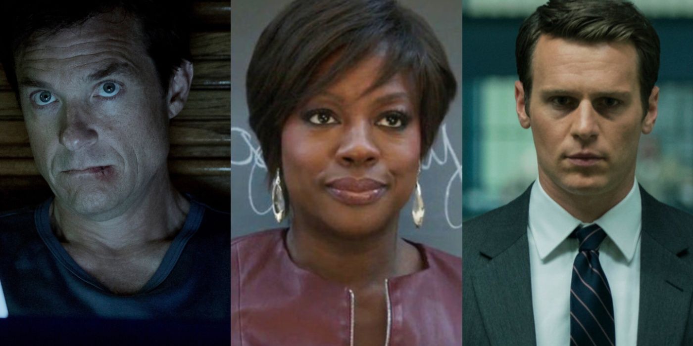 A side by side image features Jason Bateman, Viola Davis, and Jonathan Groff as their characters in the crime shows Ozark, How to Get Away With Murder, and Mindhunter