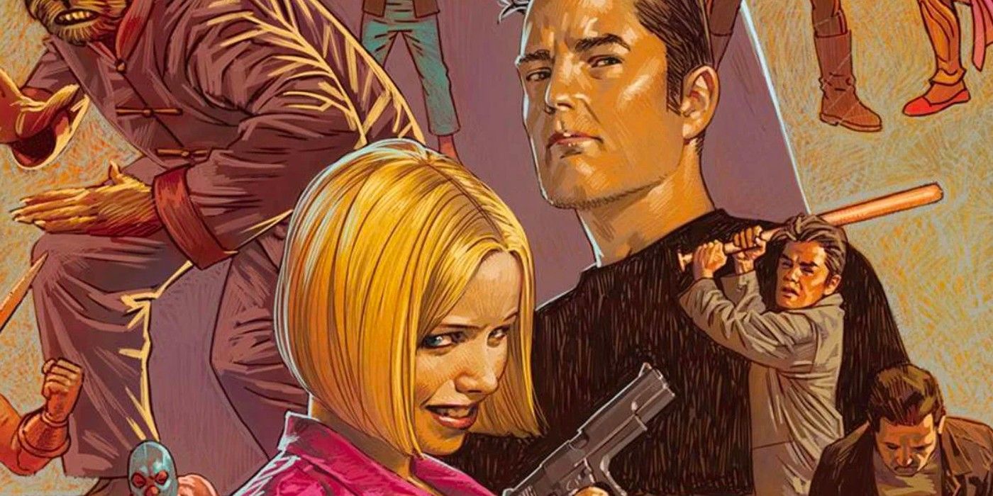 A man looks on stoically while a woman grins with a pistol amid various scenes of criminal activity on the cover of the Criminal comics
