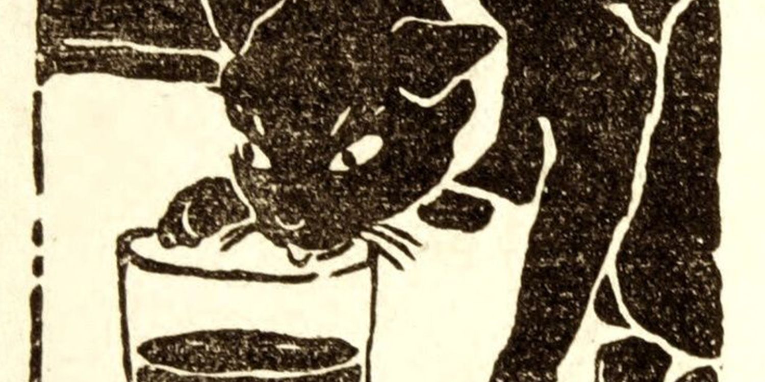 Cropped image of an image of a cat drinking from a glass in I Am a Cat by Natsume Sōseki