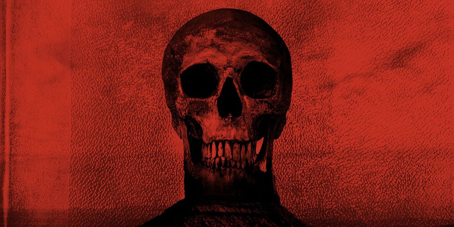 Cropped image of one of the many cover art pieces for Blood Meridian by Cormac McCarthy, featuring an imposing skull amid a bright red background