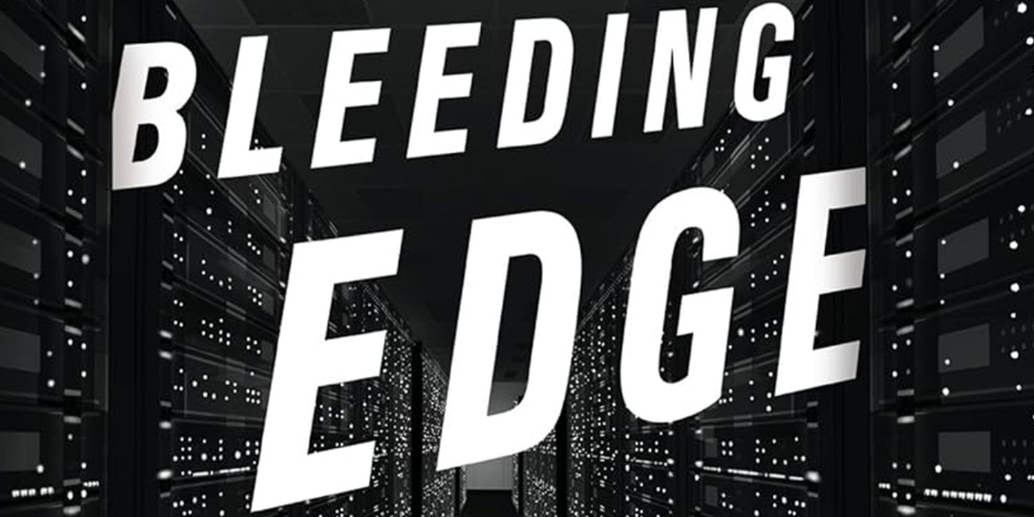 Cropped image of the cover art for Bleeding Edge by Thomas Pynchon, featuring the title of the book floating amid servers that look like a city landscape at night.
