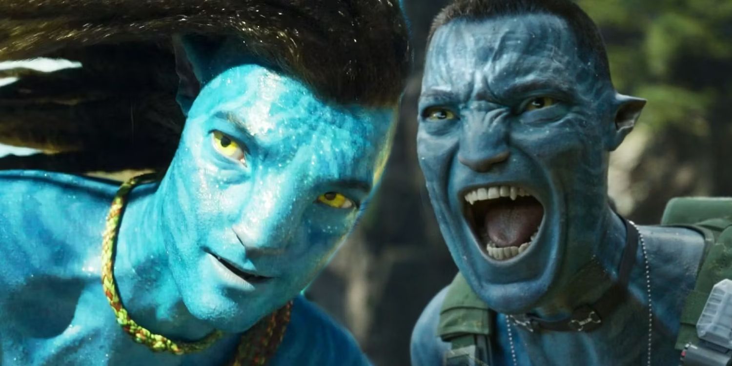 Jake Sully looking confident and Quaritch hissing in Avatar The Way of Water