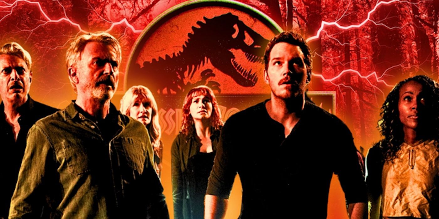 Custom image of Jurassic World Dominion's main cast in front of the Jurassic Park logo