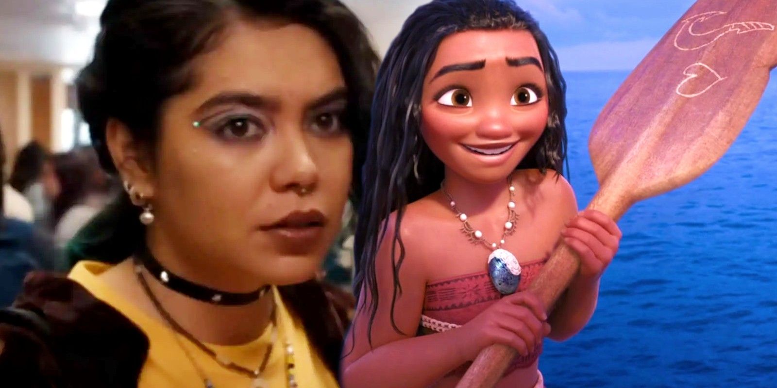 Custom image of a wet Moana holding a paddle in the Disney movie and Auli'i Cravahlo in Mean Girls