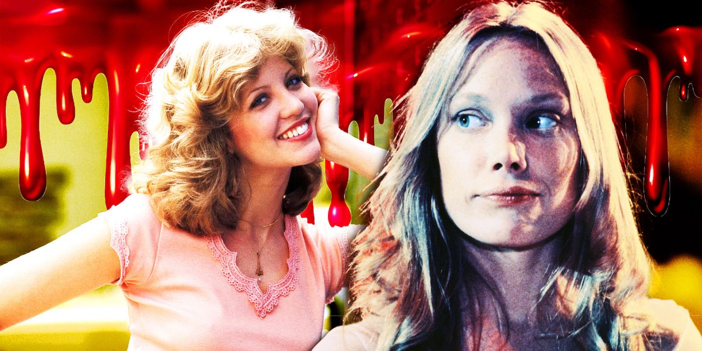 Custom image of Nancy Allen as Chris and Sissy Spacek as Carrie against a bloody background in Carrie 1976