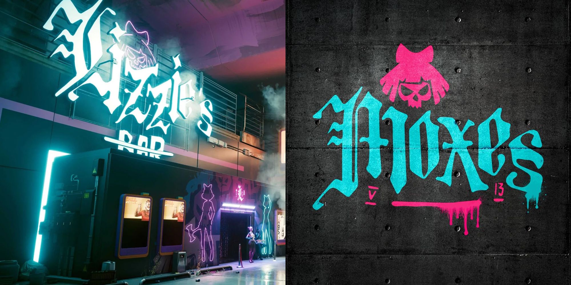 Lizzie's Bar and the Mox logo in Cyberpunk 2077
