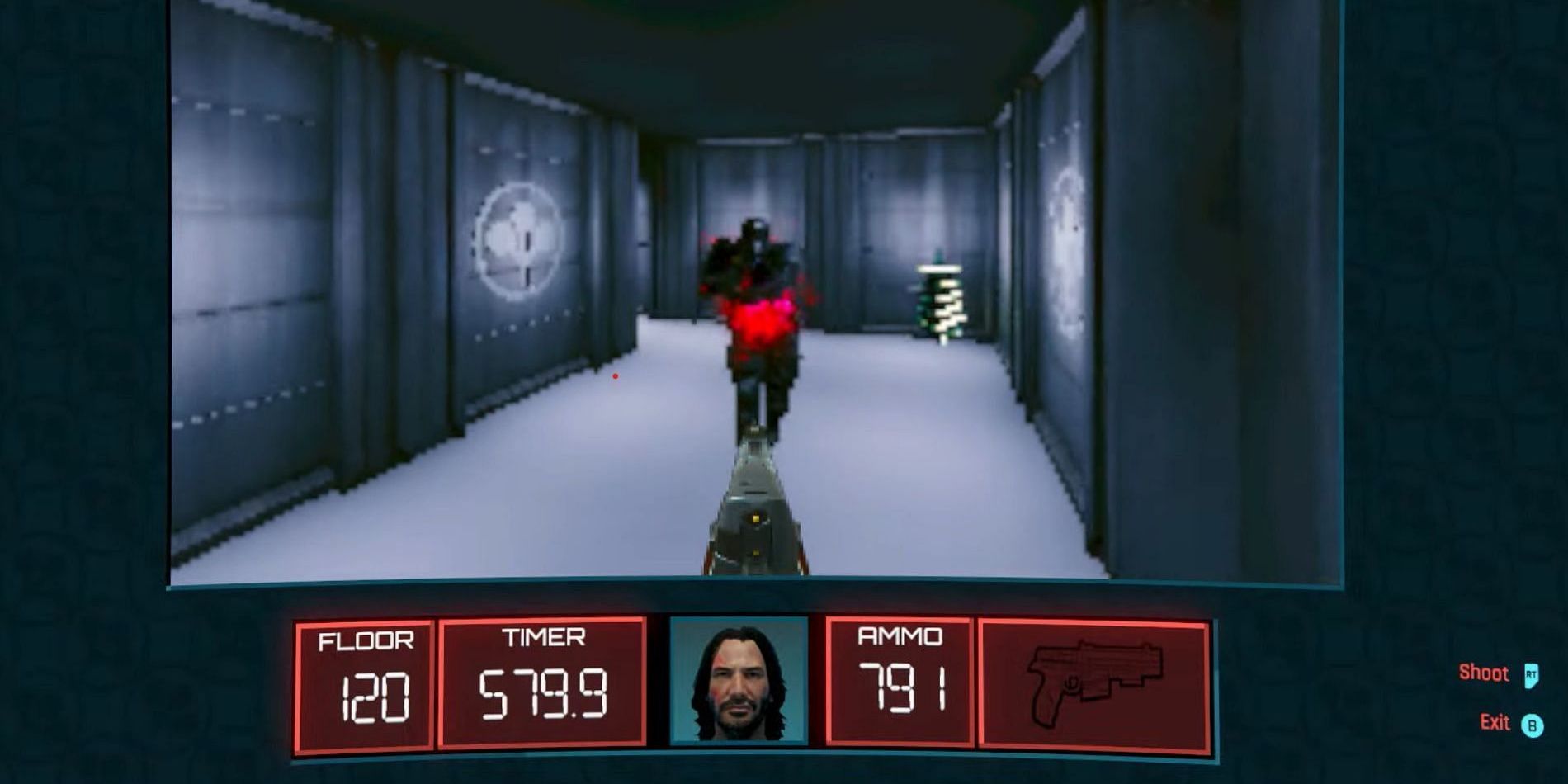 The player fires a gun at an Arasaka soldier in the retro 3D shooter minigame Arasaka Tower 3D, in a screenshot from Cyberpunk 2077. At the bottom of the screen, the current floor, timer, ammo, and weapon can be seen, along with a portrait of a smiling Johnny Silverhand.