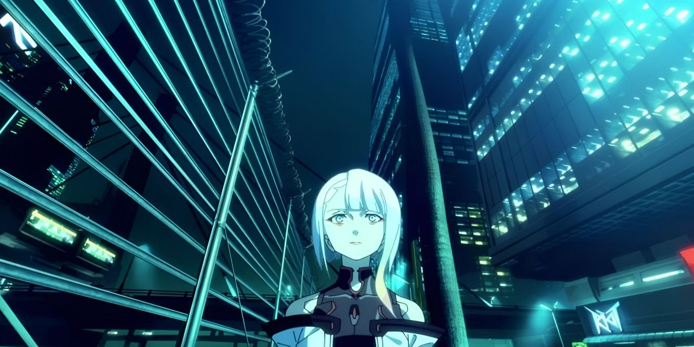 Lucy stands in the middle of Night City from Cyberpunk: Edgerunners.