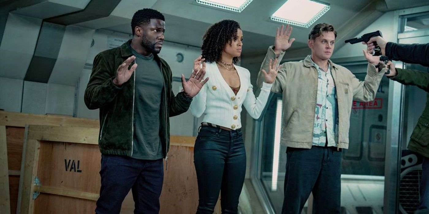 Cyrus, Abby, and Magnus at gunpoint in Netflix's Lift