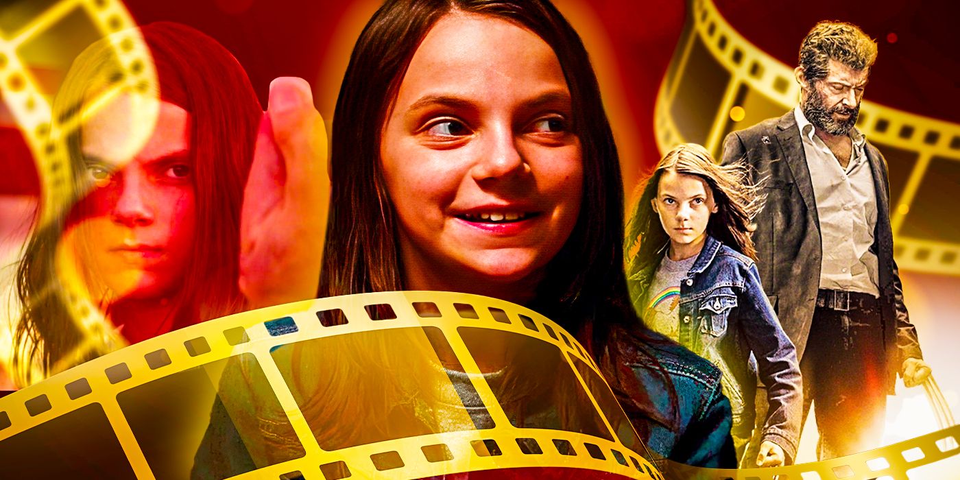 This collage shows Dafne Keen in multiple movies with film strips overlaying them.