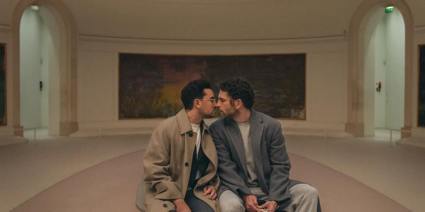 Dan Levy's Marc and Arnaud Valois' Theo kiss in a museum in Good Grief