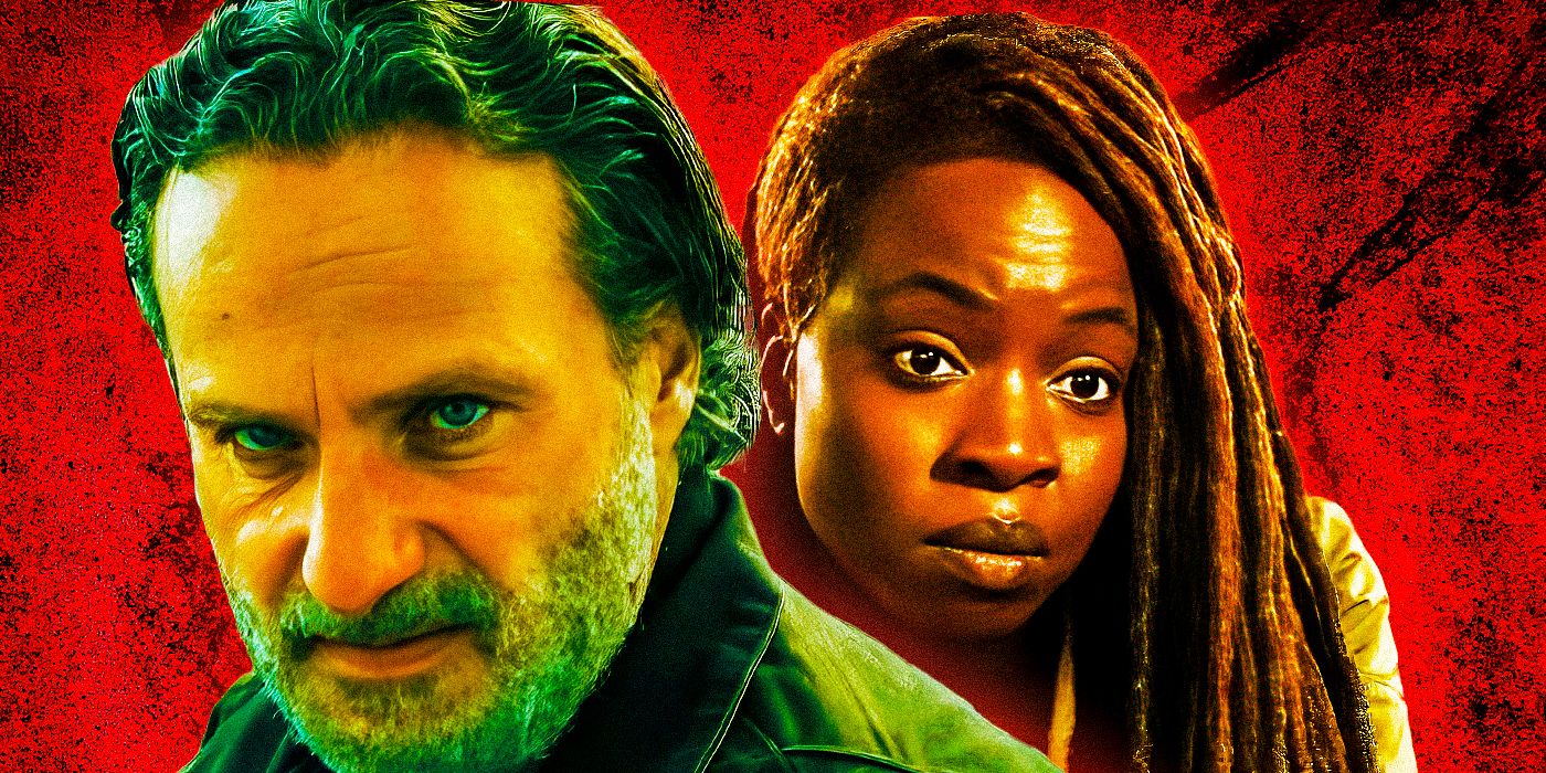 Rick and Michonne from The Walking Dead The Ones Who Live trailer against a red background