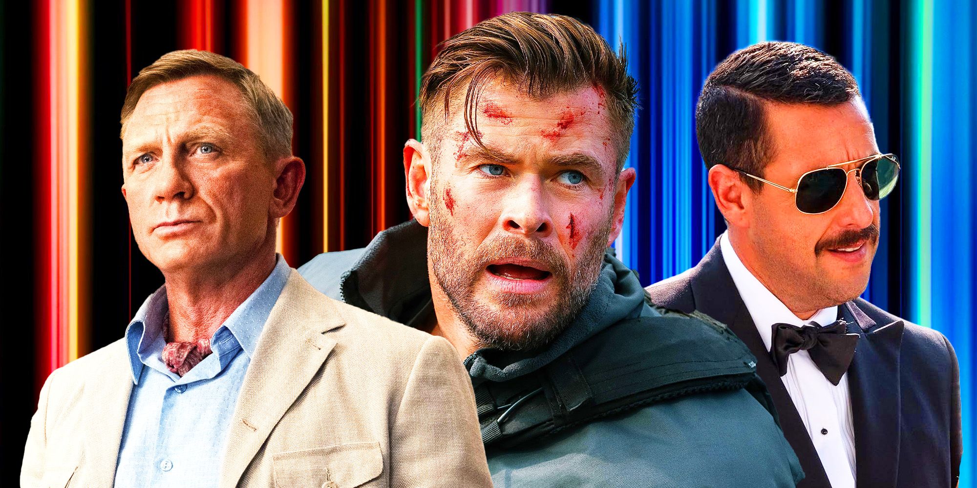 Daniel Craig in Knives Out, Chris Hemsworth in Extraction 2, and Adam Sandler in Murder Mystery