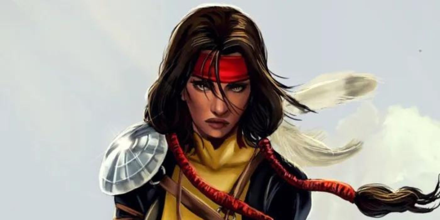 Danielle Moonstar standing with a serious expression on her face, her hair braided and a red headband tied around your head in an X-Men comic cover art 