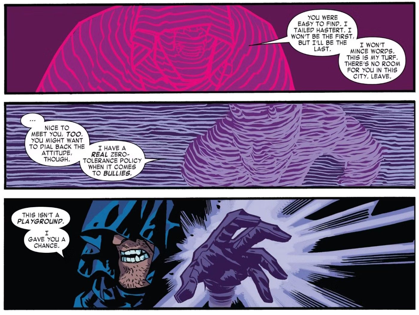 Comic book panels: A man in a dark shroud sees the world in squiggled shapes.