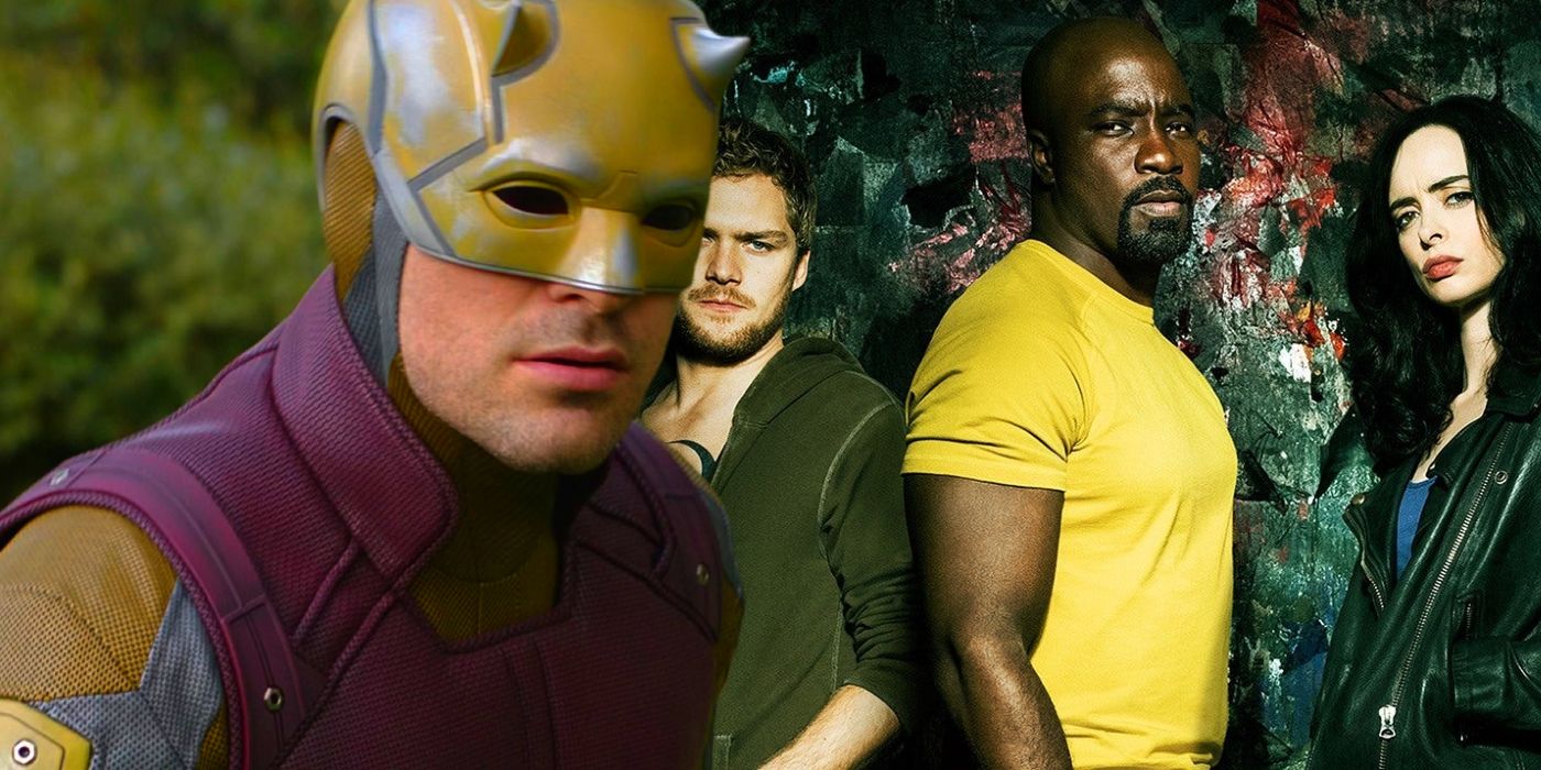 Split image of Charlie Cox as Daredevil in She-Hulk: Attorney at Law and Finn Jones as Iron Fist, Mike Colter as Luke Cage, and Krysten Ritter as Jessica Jones in a promotional image for The Defenders