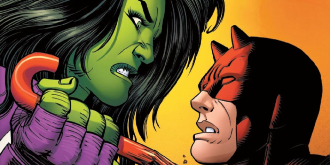 Daredevil and She-Hulk looking angrily at each other.