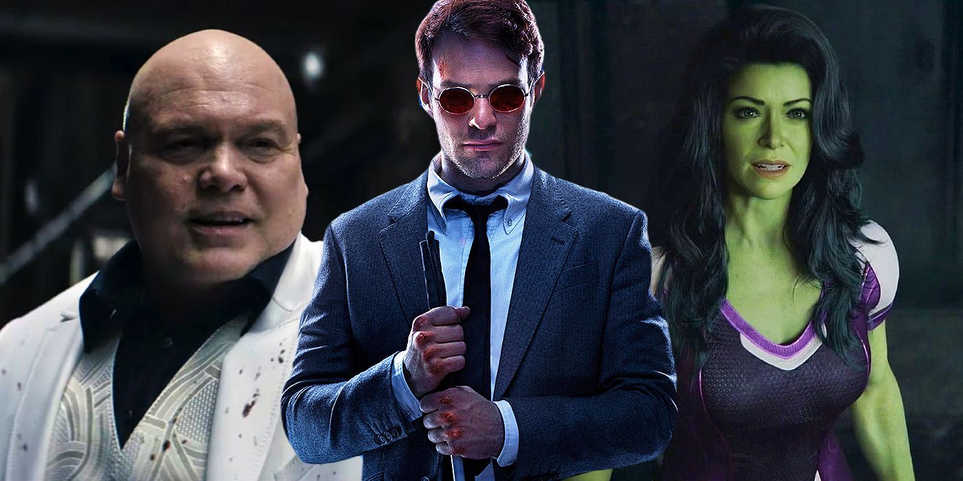 Charlie Cox as Daredevil between Tatiana Maslany as she-Hulk and Vincent D'Onofrio as Kingpin