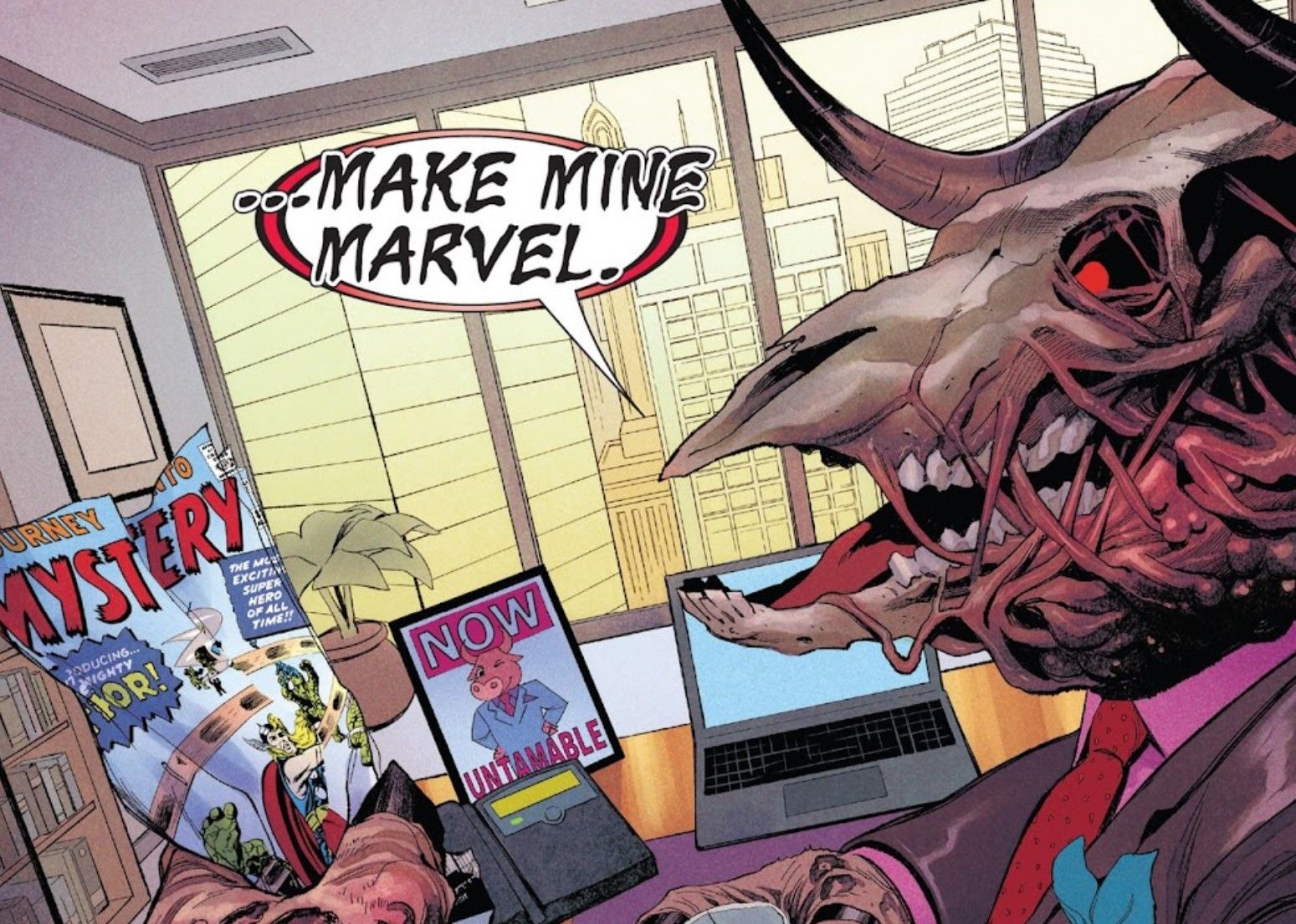 Dario Agger, CEO of Roxxon, clutching a Marvel Comic in his hand, in Immortal Thor #4