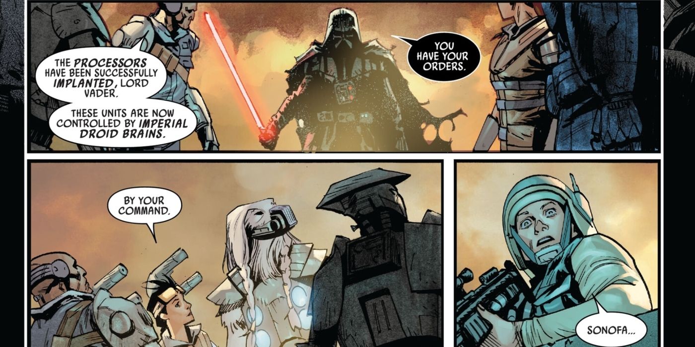 Darth Vader controlling cyborgs with his suit.
