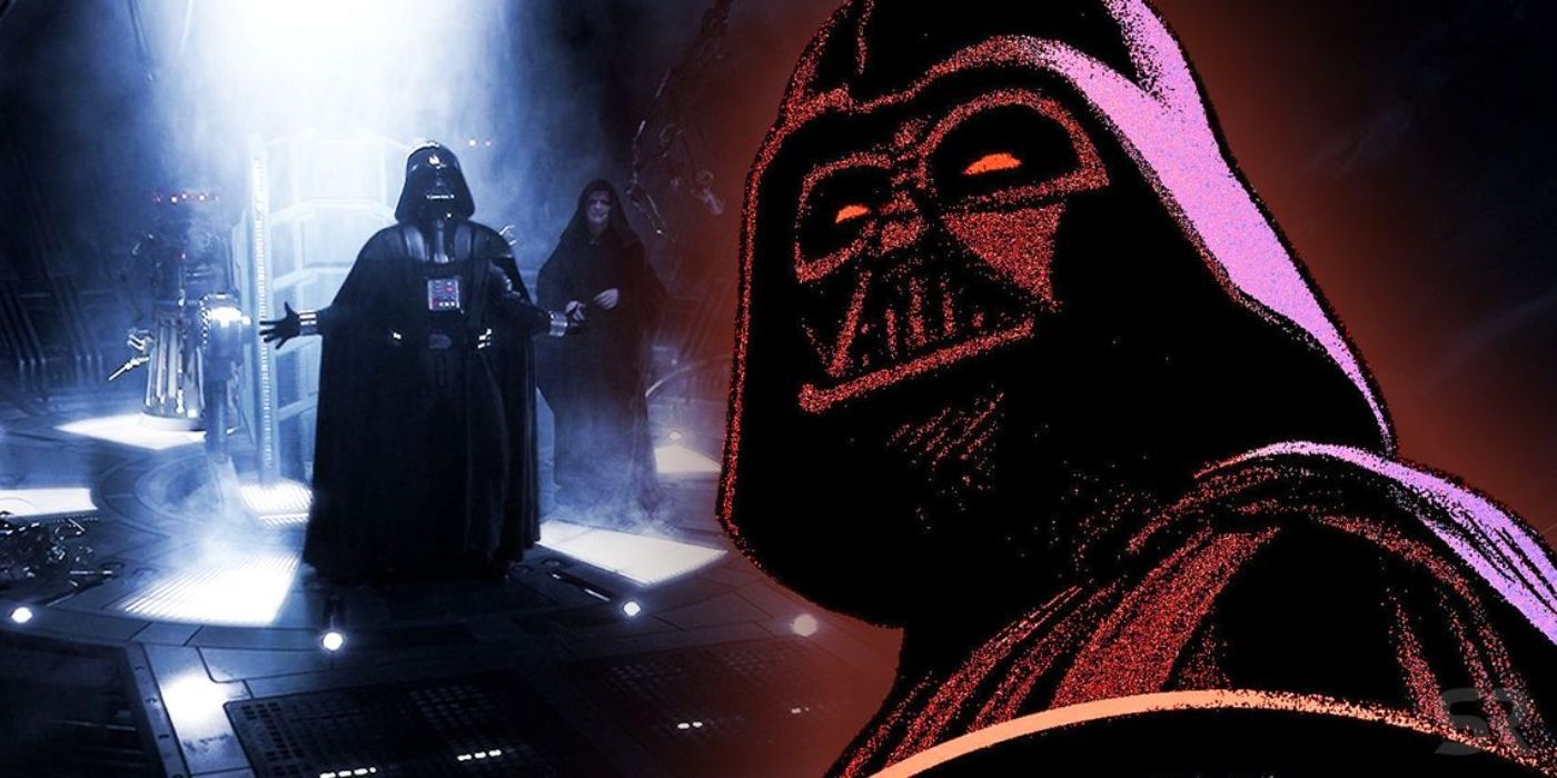 Darth Vader from Episode III screaming next to the Emperor with his comic book counterpart next to them.