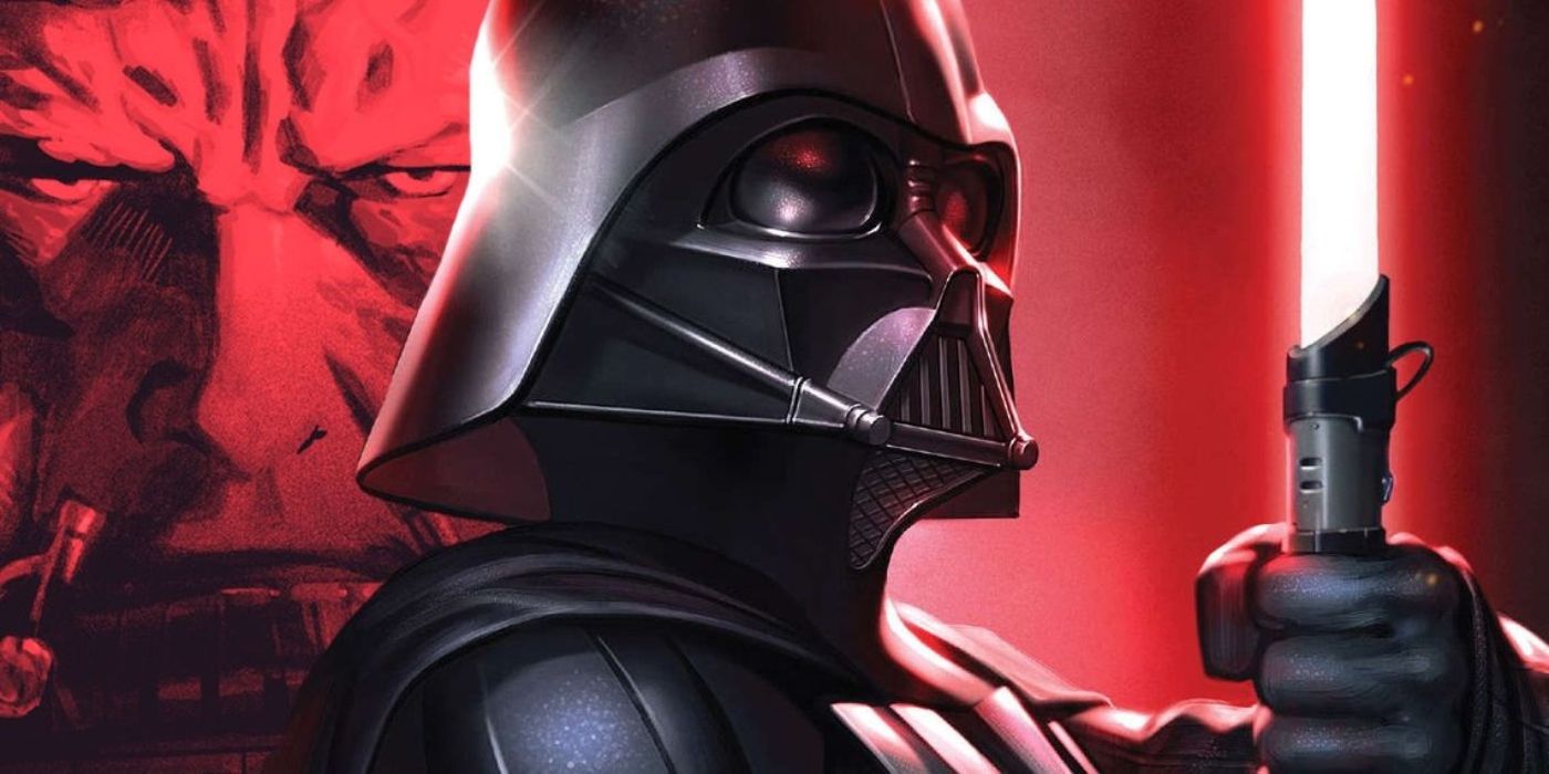 Darth Vader wielding his lightsaber with his maskless face behind him.