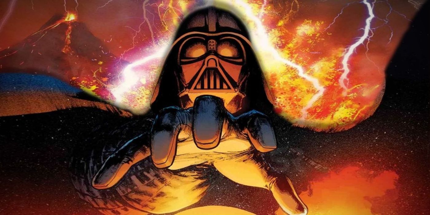 Darth Vader with volcanic explosions behind him.