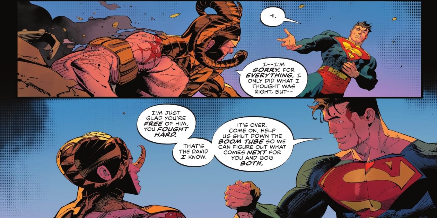 Comic book panels: Superman reunites with his former sidekick, who wears a helmet with ram horns.