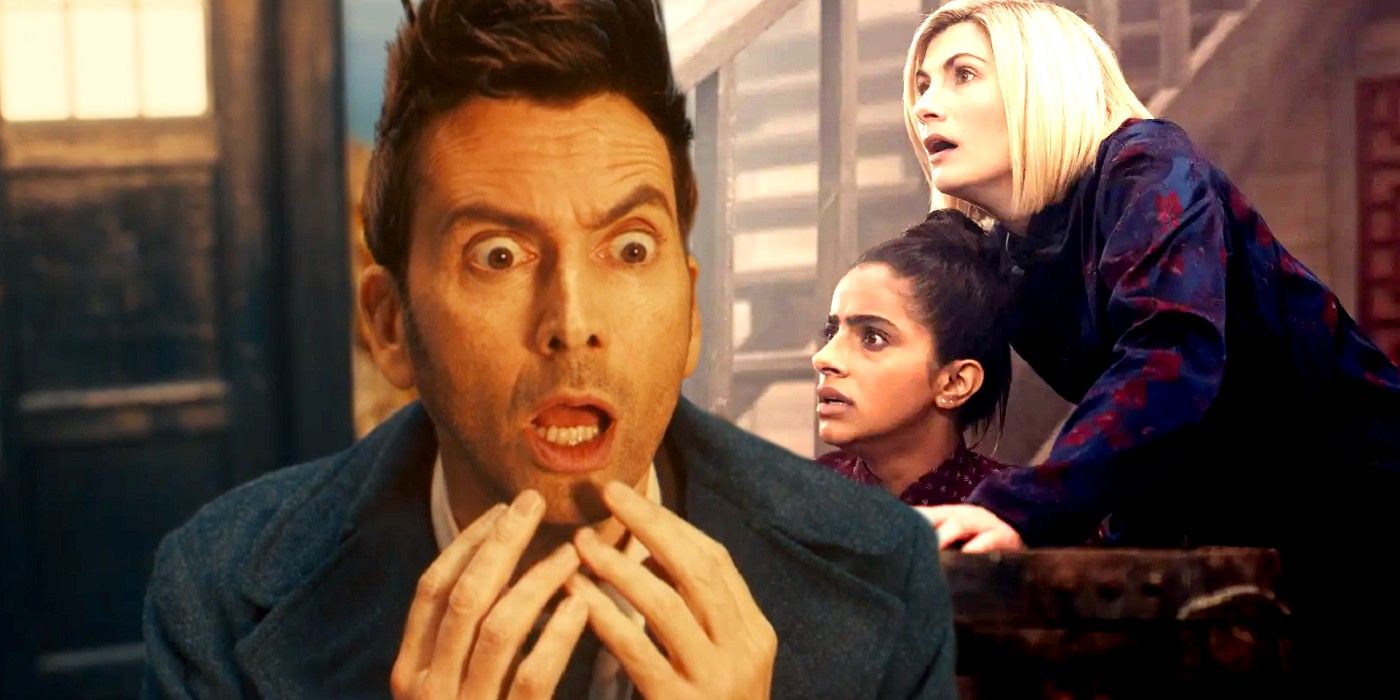 David Tennant as the Fourteenth Doctor, Jodie Whittaker as the Thirteenth Doctor, and Mandip Gill as Yaz in Doctor Who