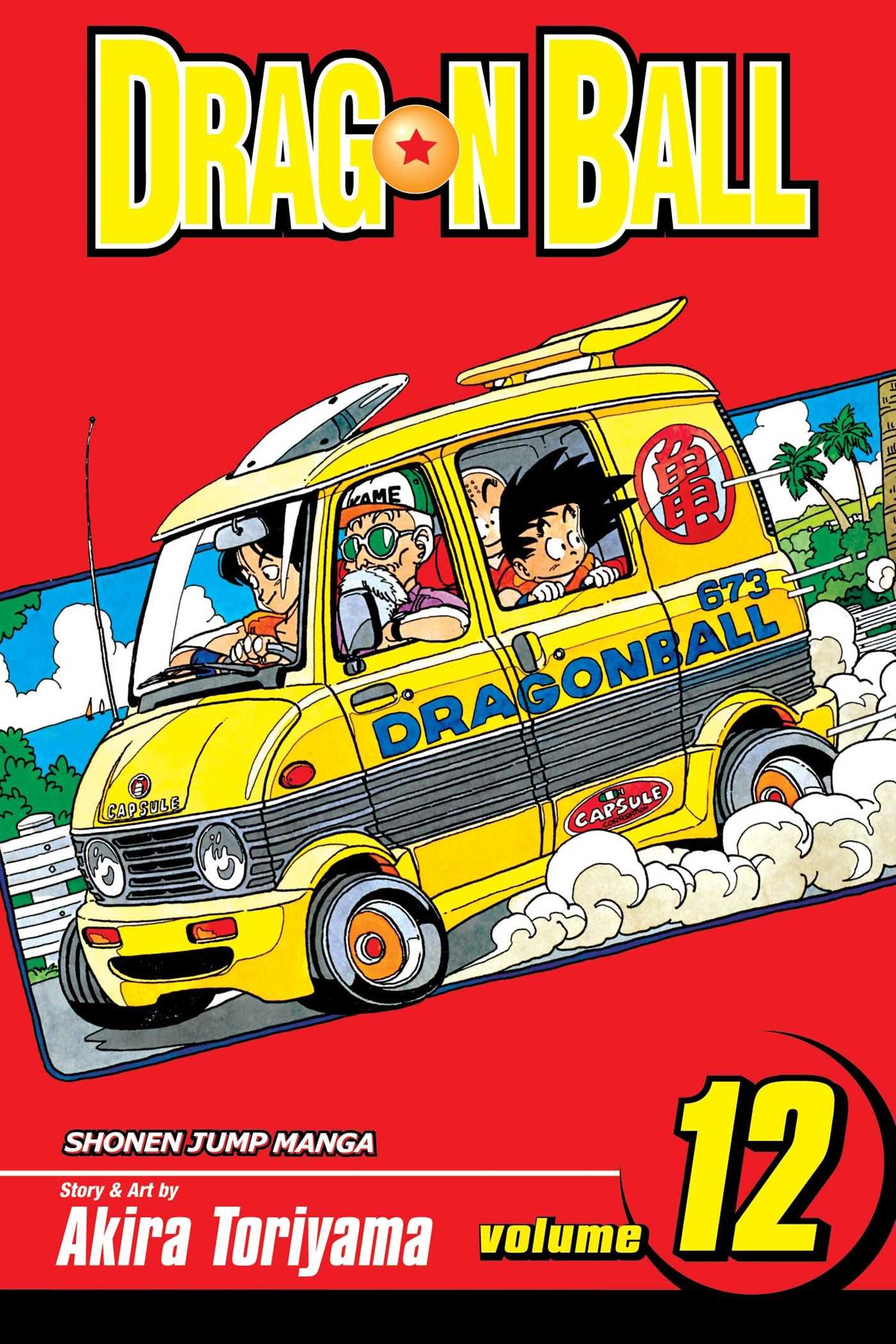 Cover art for Akira Toriyama’s Dragon Ball manga volume 12 shows Master Roshi driving a yellow van with young Goku, Krillin, and Yamcha sitting inside.