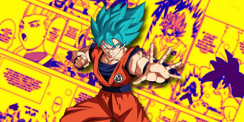 Dragon Ball Super: Super Saiyan Blue Goku in front of manga panels.