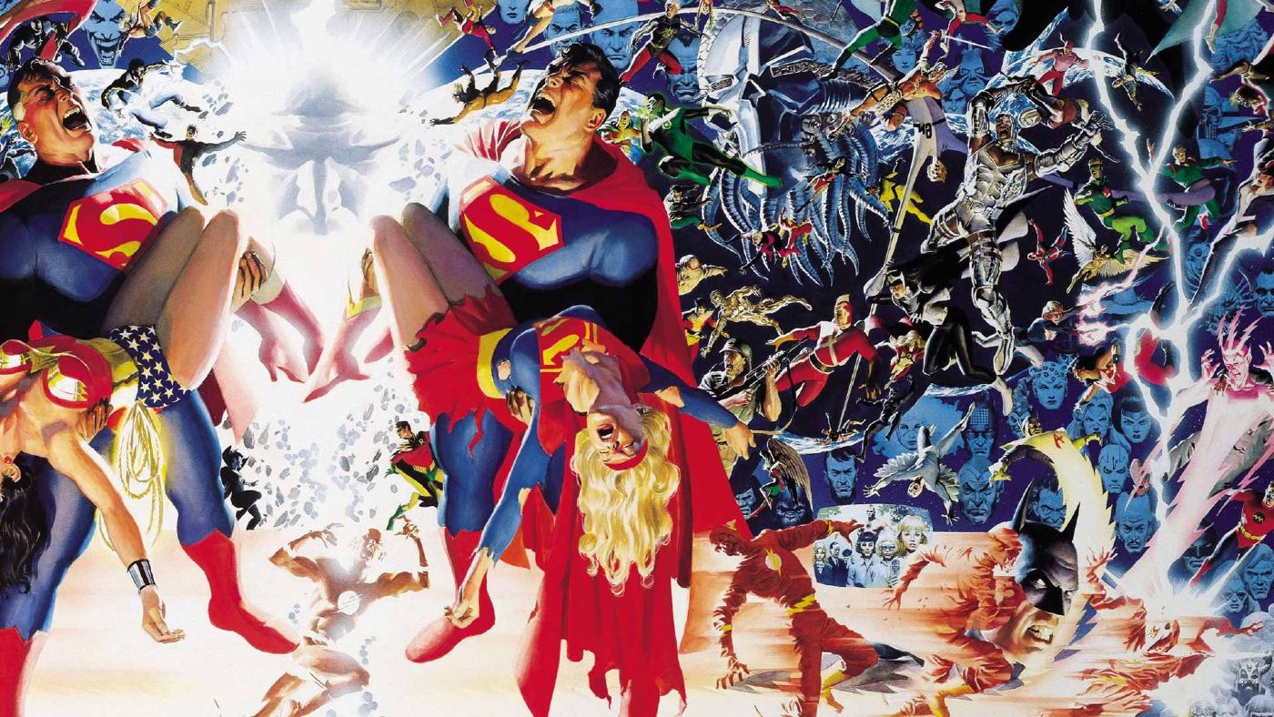 Comic Book Art: The two versions of Superman feature Wonder Woman and Supergirl surrounded by superheroes from the DC multiverse.