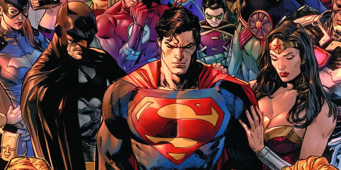 Arte em quadrinhos: a Liga da Justiça reunida com Batman, Superman e Mulher Maravilha.