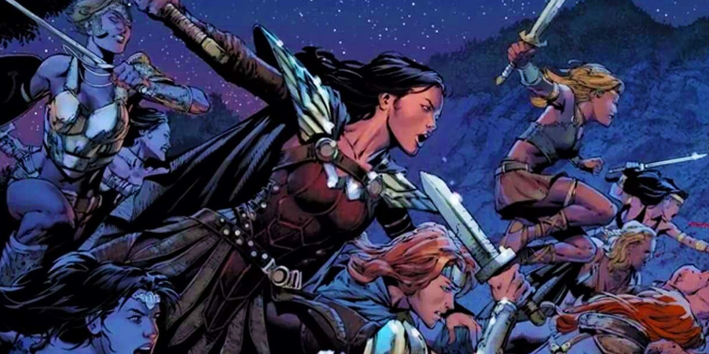 Amazonians, including Wonder Woman, charge forward in battle in a DC comic
