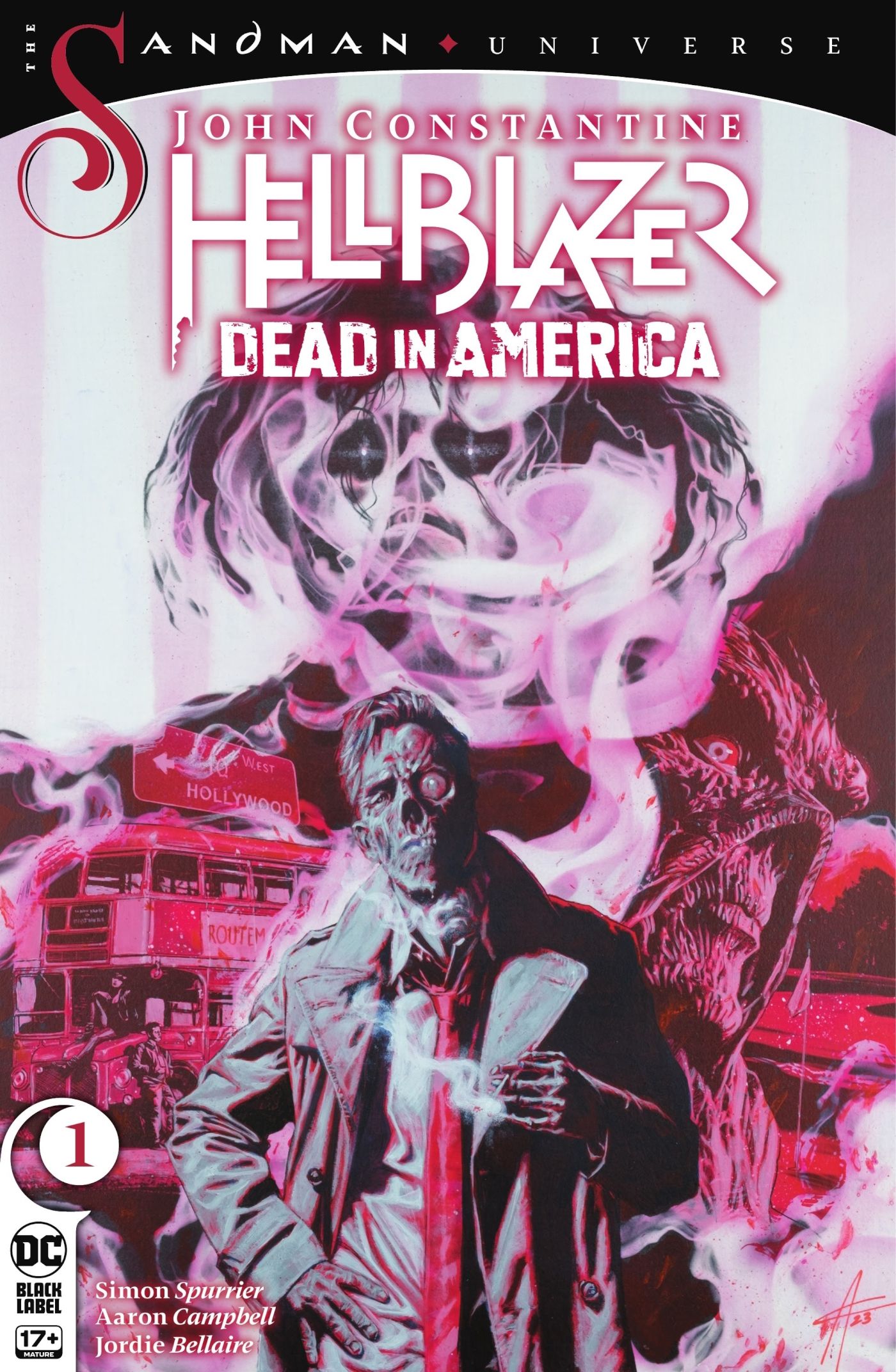 John Constantine Hellblazer Dead in America 1 Main Cover: Constantine smoking over smoky images.