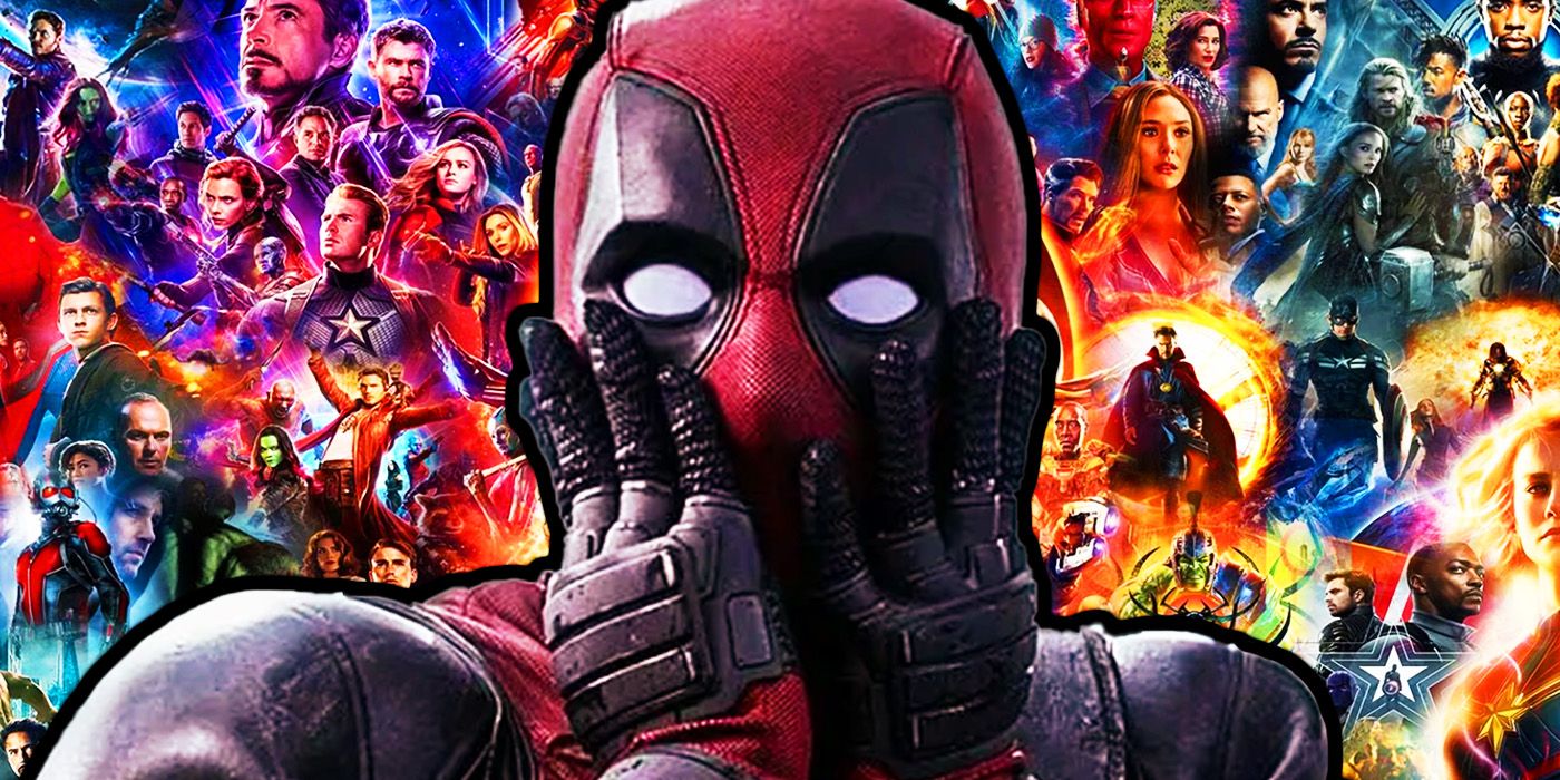 Deadpool looking surprised with characters from the history of the MCU