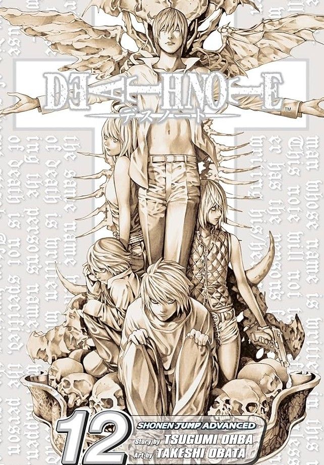 Death Note volume 12 featuring L and Light with cream colors and a cross in the background.