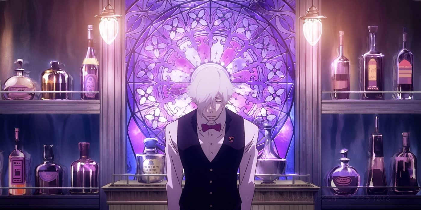 Decim está atrás do bar do Quindecim da Death Parade.