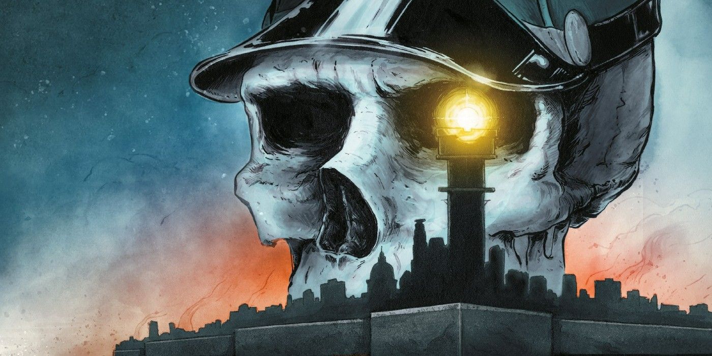 Death Strikes The Emperor of Atlantis cover featuring death with a glowing eye and hat atop a city
