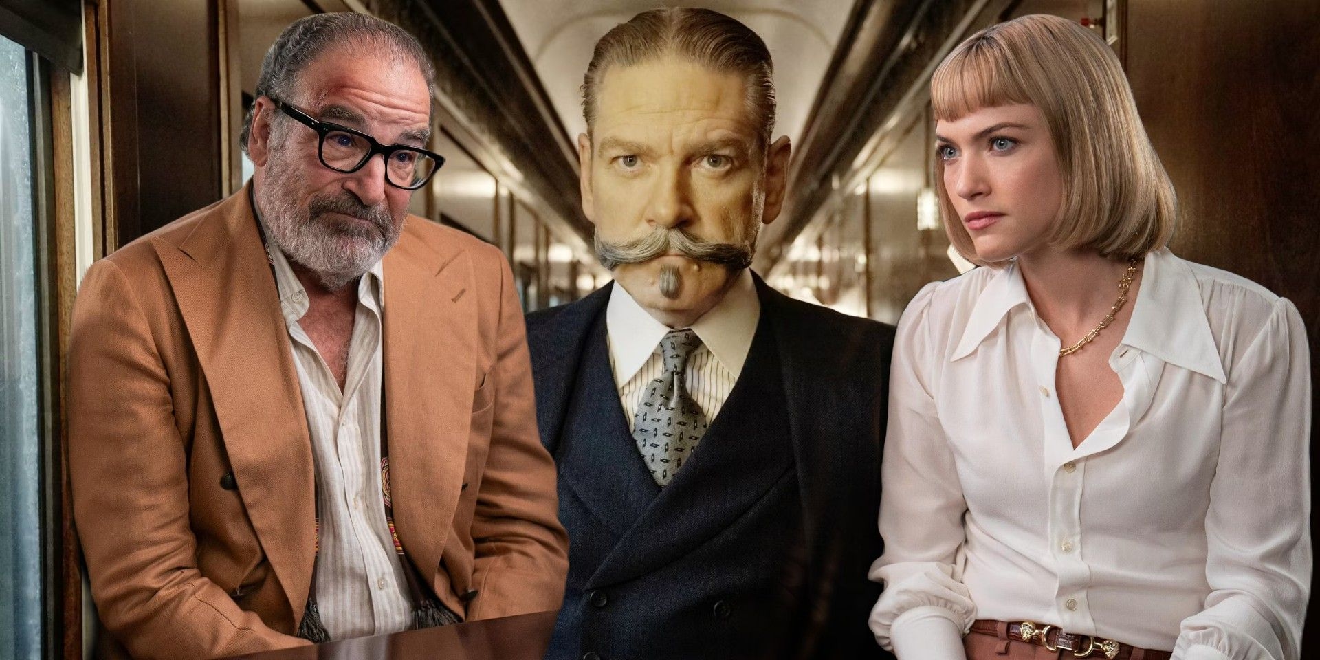 Rufus Cotesworth (Mandy Patinkin) in Death and Other Details, Hercule Poirot (Kenneth Branagh) in Murder on the Orient Express, and Imogene Scott (Violett Beane).