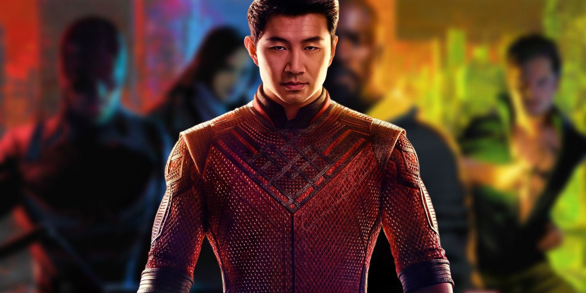 A blurred poster for Netflix's Defenders behind Simu Liu as Shang-Chi from an MCU poster