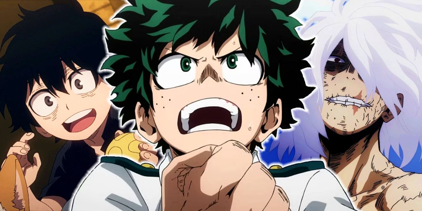 Deku looking determined with a young shigaraki to the left and shigarki in the present to the right from My Hero Academia
