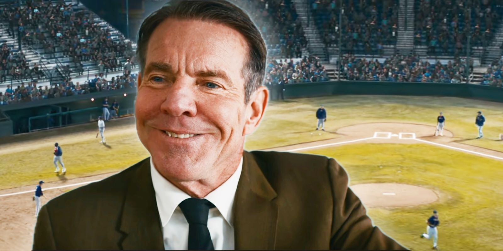 Dennis Quaid's Pastor Hill from The Hill over top of a baseball diamond