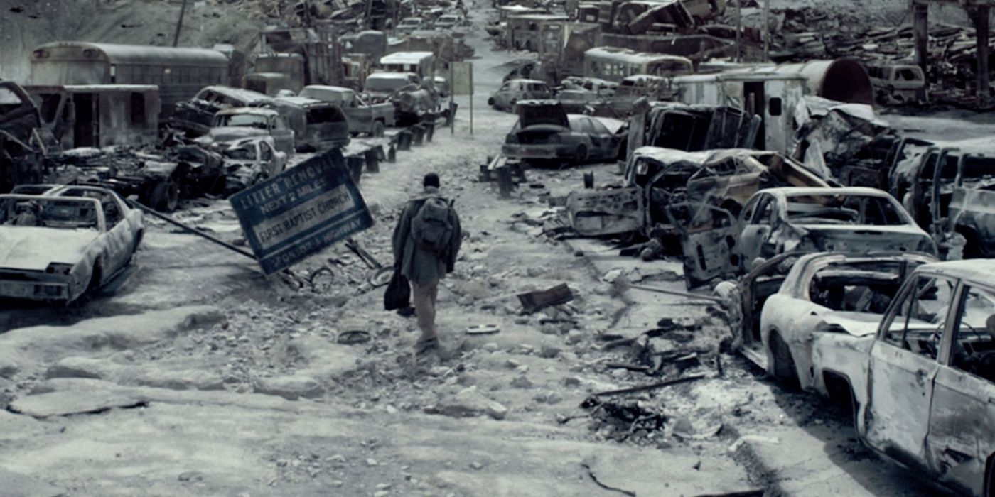 Denzel Washington as Eli walks through the apocalypse in The Book of Eli.