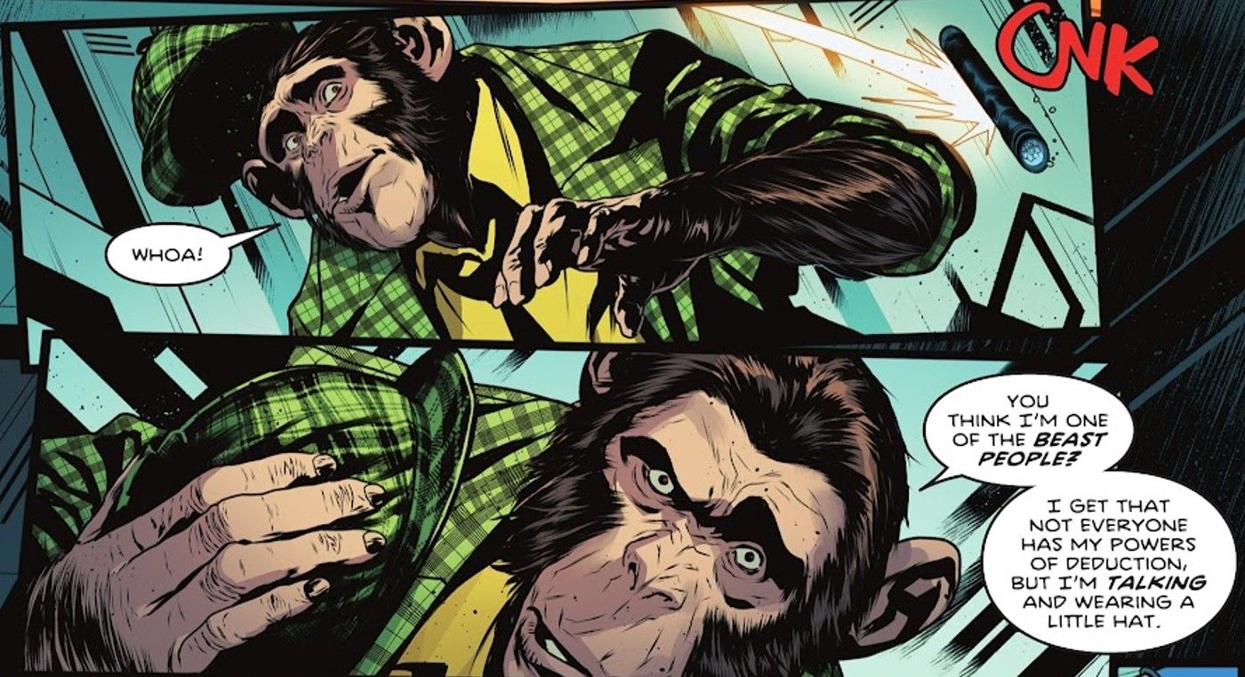 Comic book panels: a chimp dressed as a Sherlock-like detective speaks.