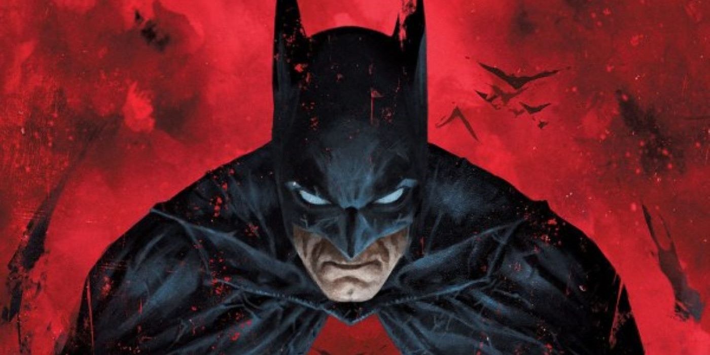Detective Comics #1084, com céu vermelho sangue e Batman pairando sobre Gotham