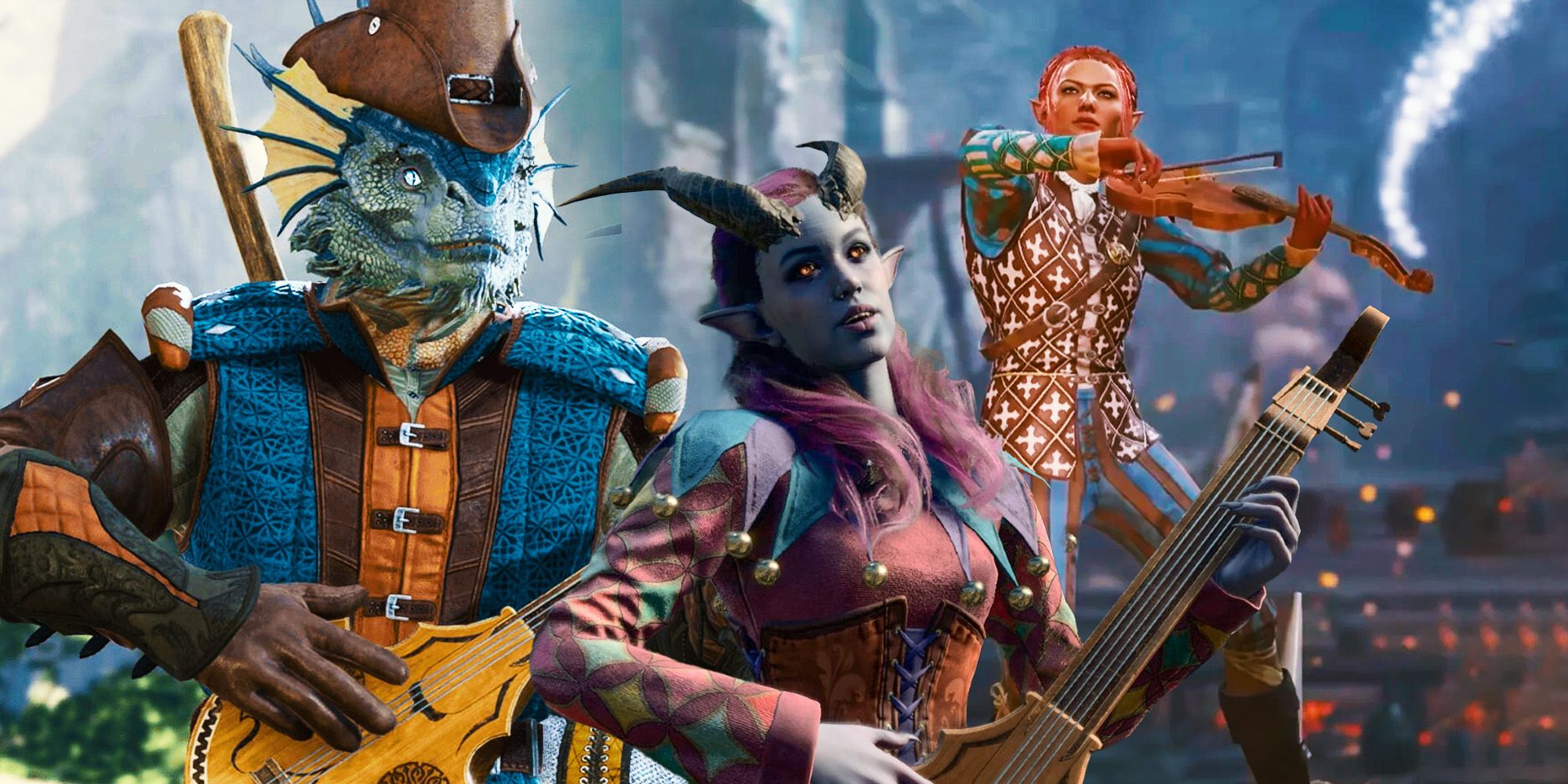 Different characters playing instruments in Baldur&rsquo;s Gate 3.