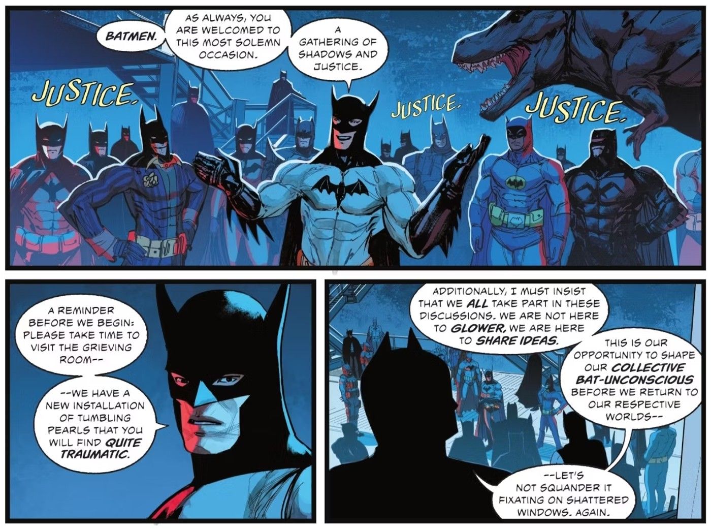 Comic book panels: many versions of Batman gather in the Batcave to talk to each other.